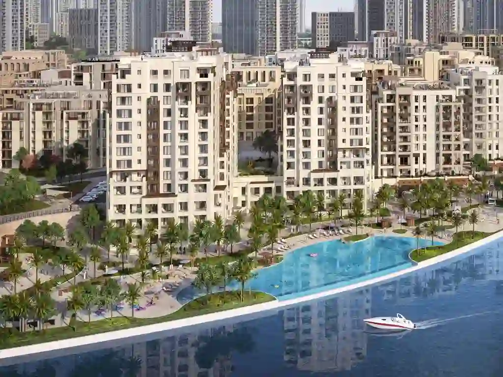 Savanna at Dubai Creek Harbour — waterfront and lagoon aerial marketing still