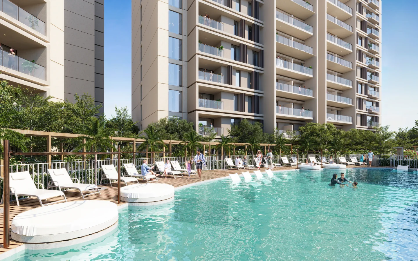 Sidr Residences 2 — official podium pool between the beige mid-rise towers