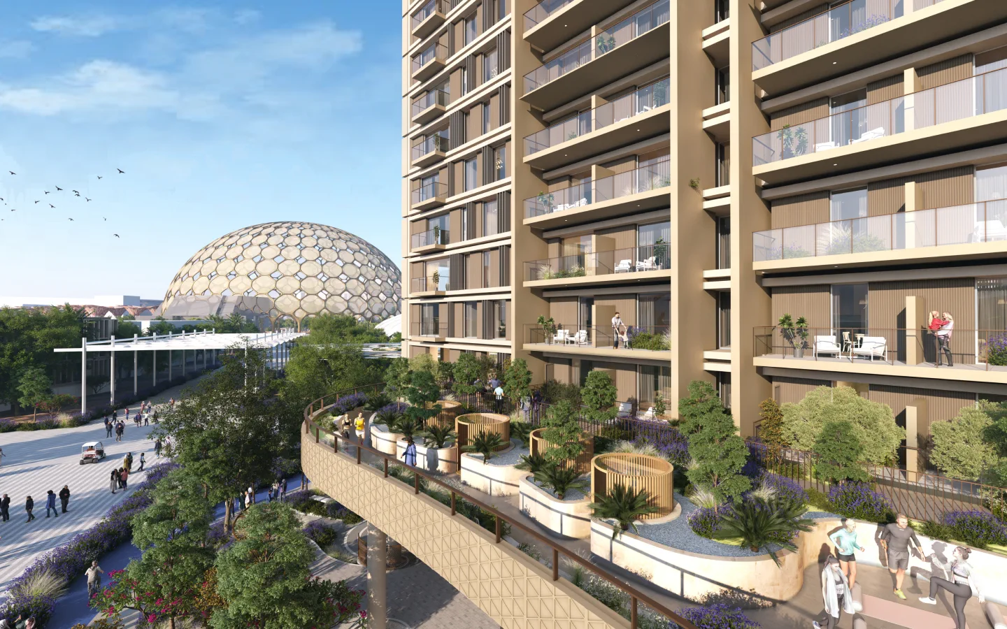 Sidr Residences — official balcony stack looking toward Al Wasl Dome