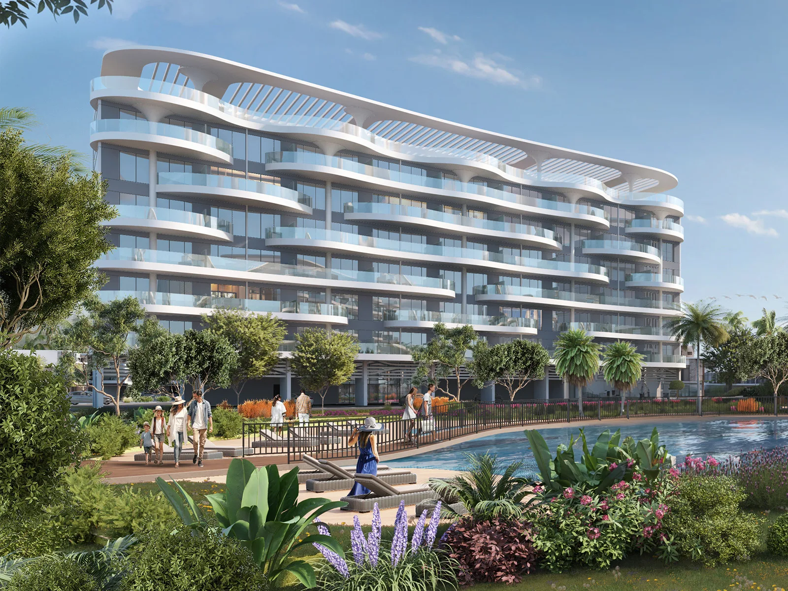 Official DAMAC Lagoon Views collection — close facade of a white curved balcony mid-rise with slatted roof crown (parent collection)