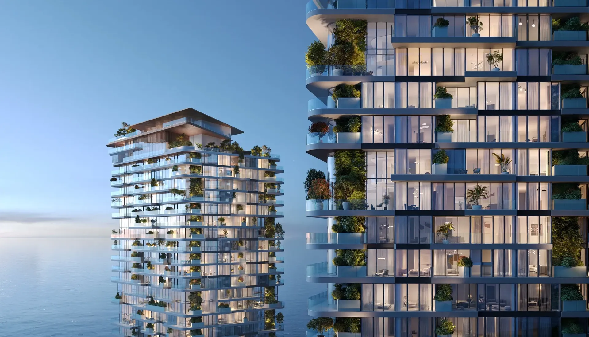 Soulever by Beyond — official dusk twin-tower marketing still at Dubai Maritime City