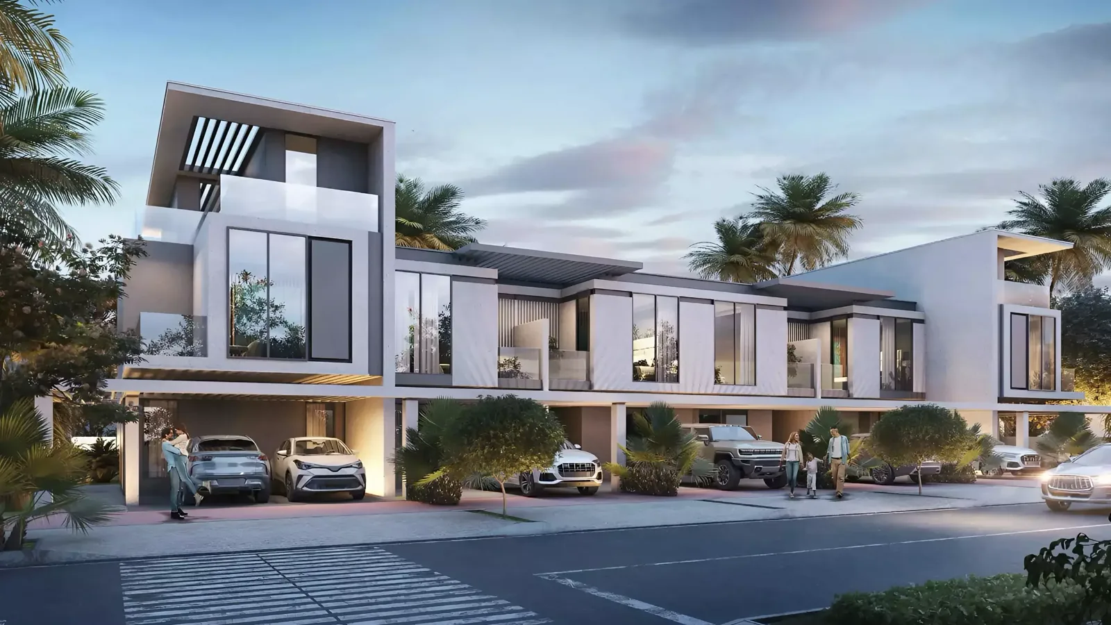 DAMAC Islands 2 parent — Property Finder marketing still of villa cluster streetscape