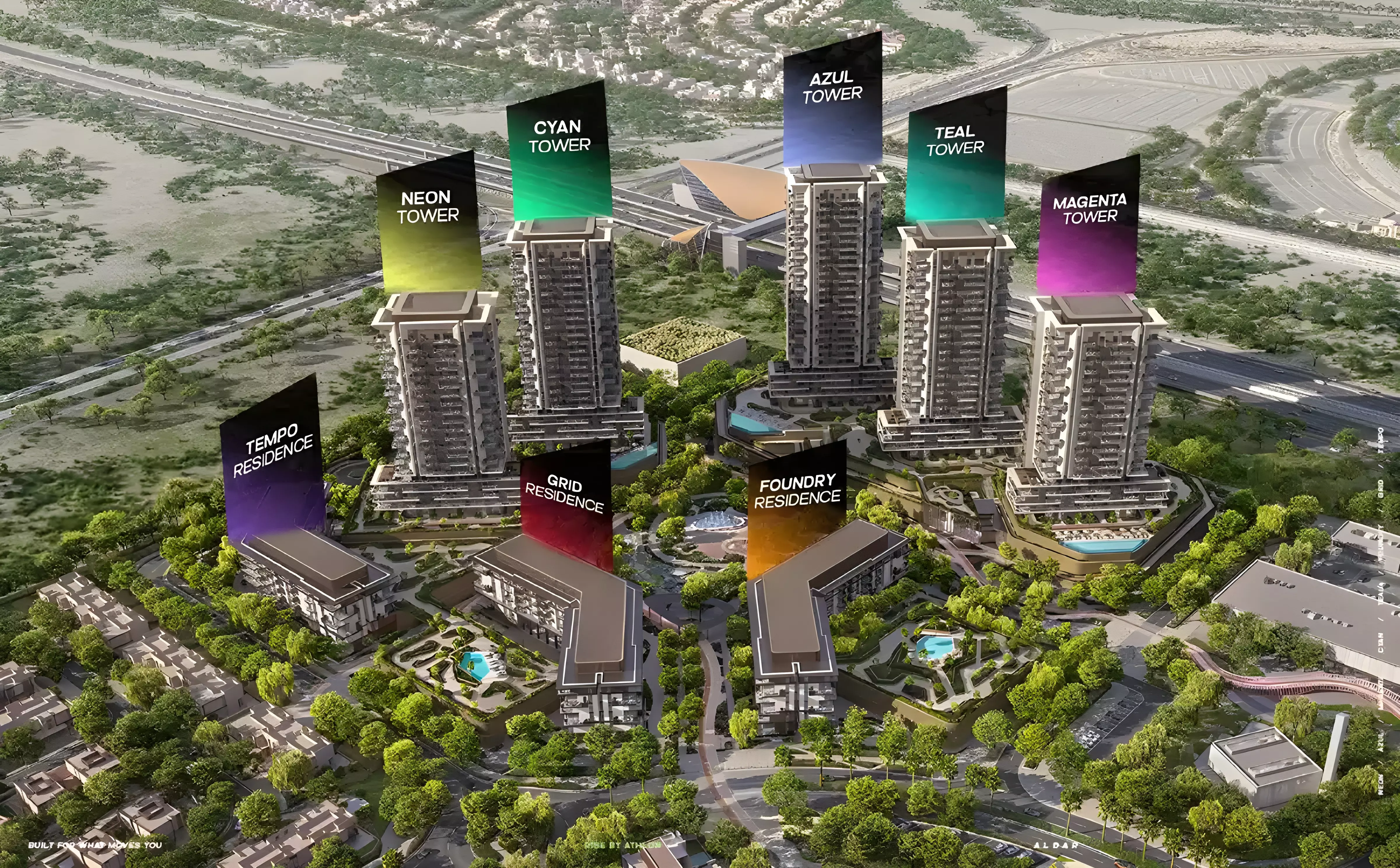 Official-style Rise by Athlon labeled aerial naming Teal Tower with siblings Azul, Magenta, Cyan, Neon, Tempo, Grid and Foundry