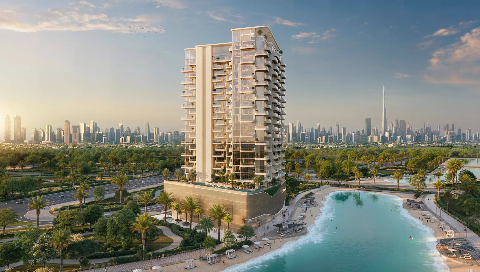 The Caden — official aerial from the lagoon side with Downtown Dubai and Burj Khalifa on the horizon