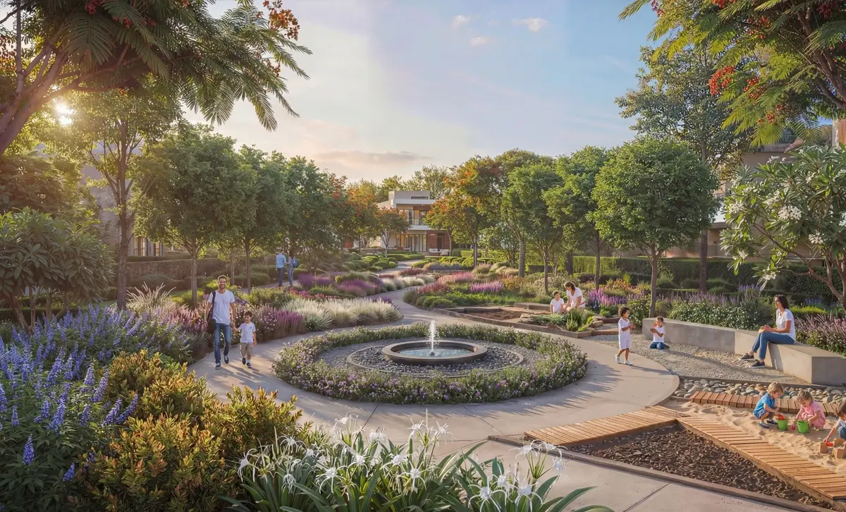 The Greens — sensory garden amenity marketing still