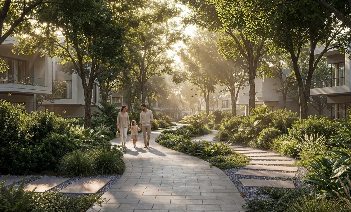 The Greens — forest walkway landscaping marketing still