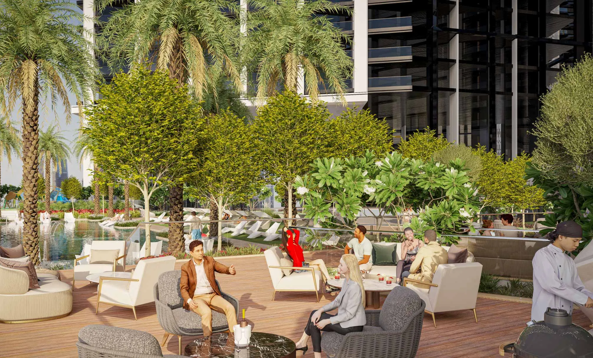The Horizon — official amenity terrace and poolside lounge marketing still