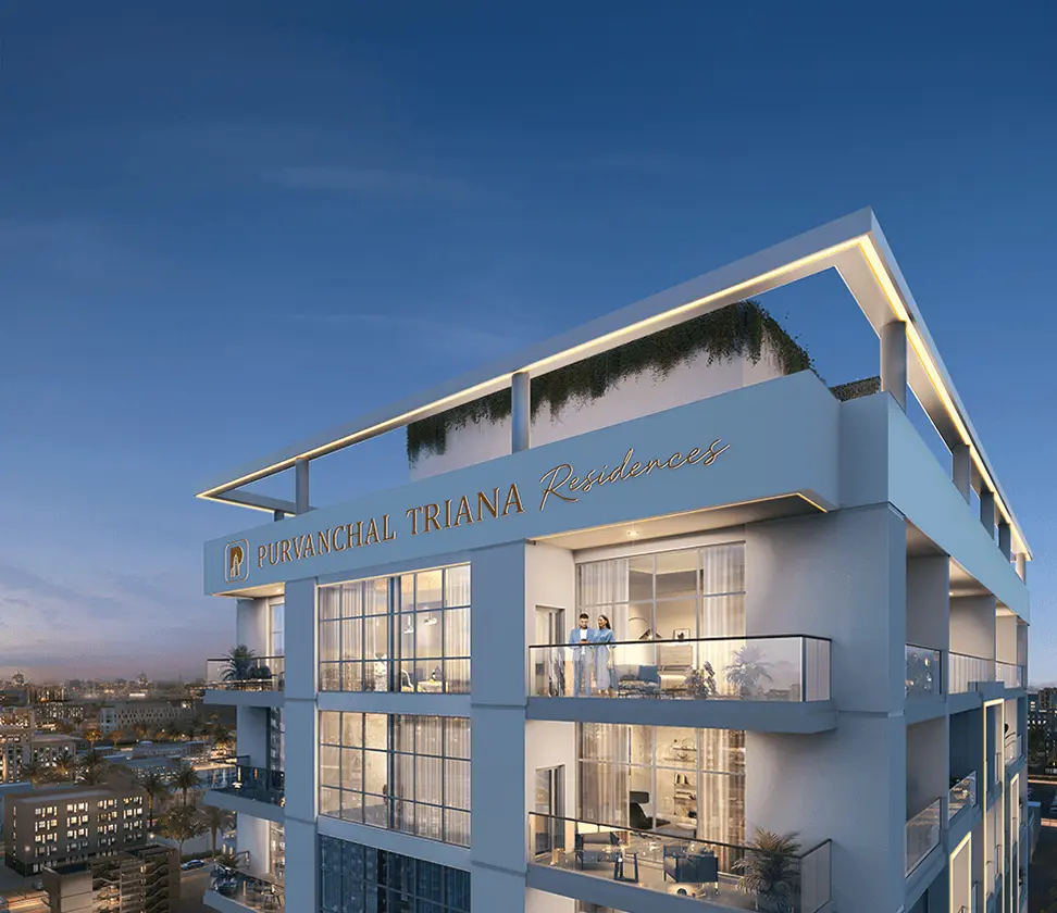 Triana Residences — official dusk close crop of the PURVANCHAL TRIANA Residences crown and glass balconies