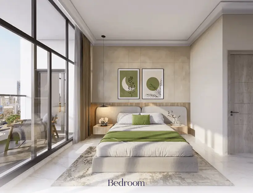 Triana Residences — official bedroom render with a glass wall onto a balcony
