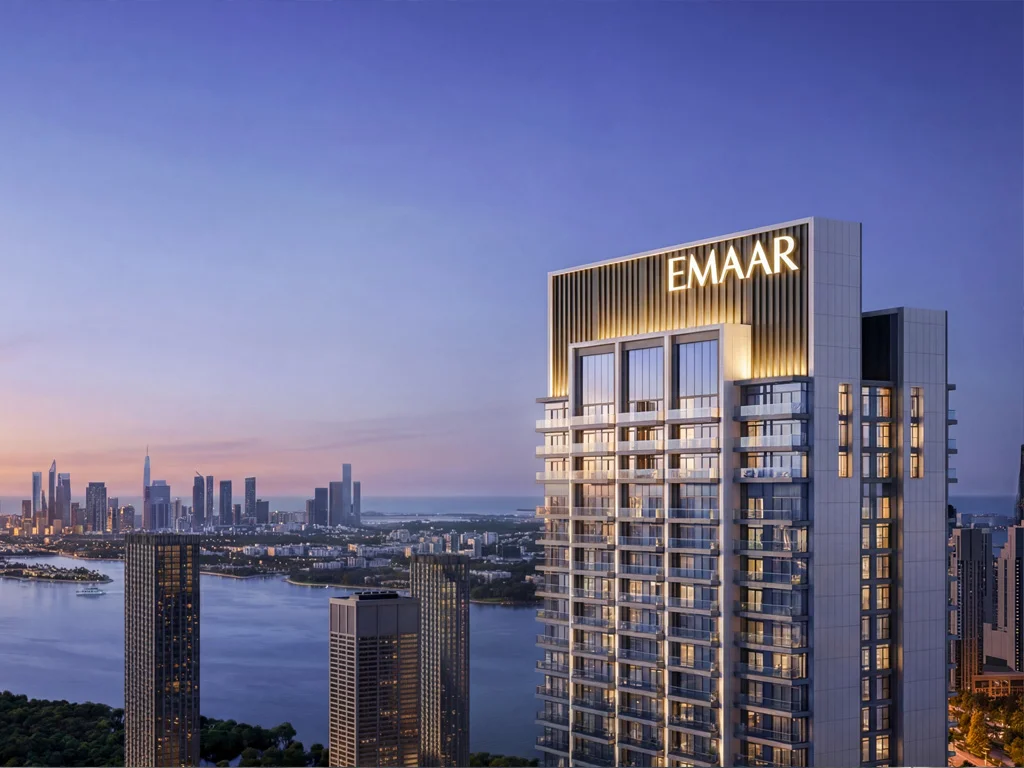 Valia at Dubai Creek Harbour — tower exterior marketing still