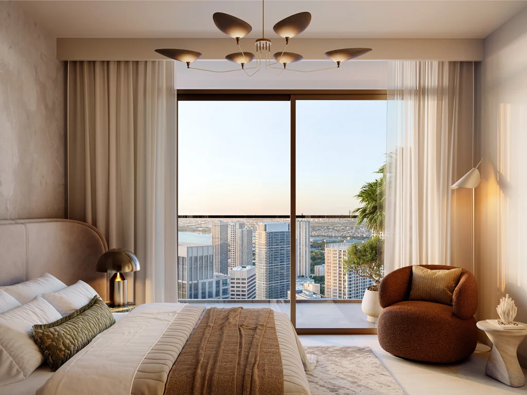 Valia at Dubai Creek Harbour — interior living marketing render