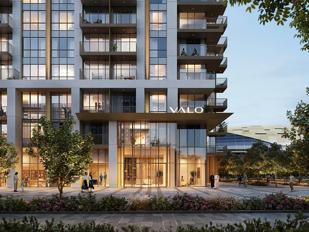 Valo at Dubai Creek Harbour — illuminated lobby entrance marketing still with VALO wordmark