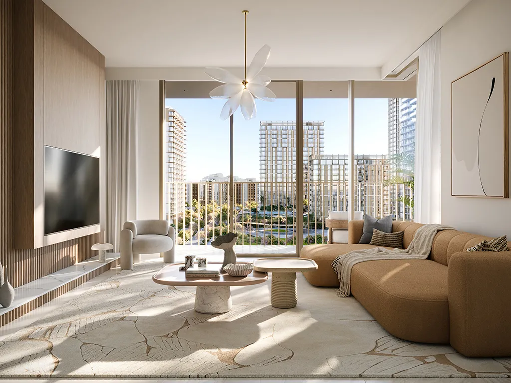 Valo at Dubai Creek Harbour — interior living marketing render