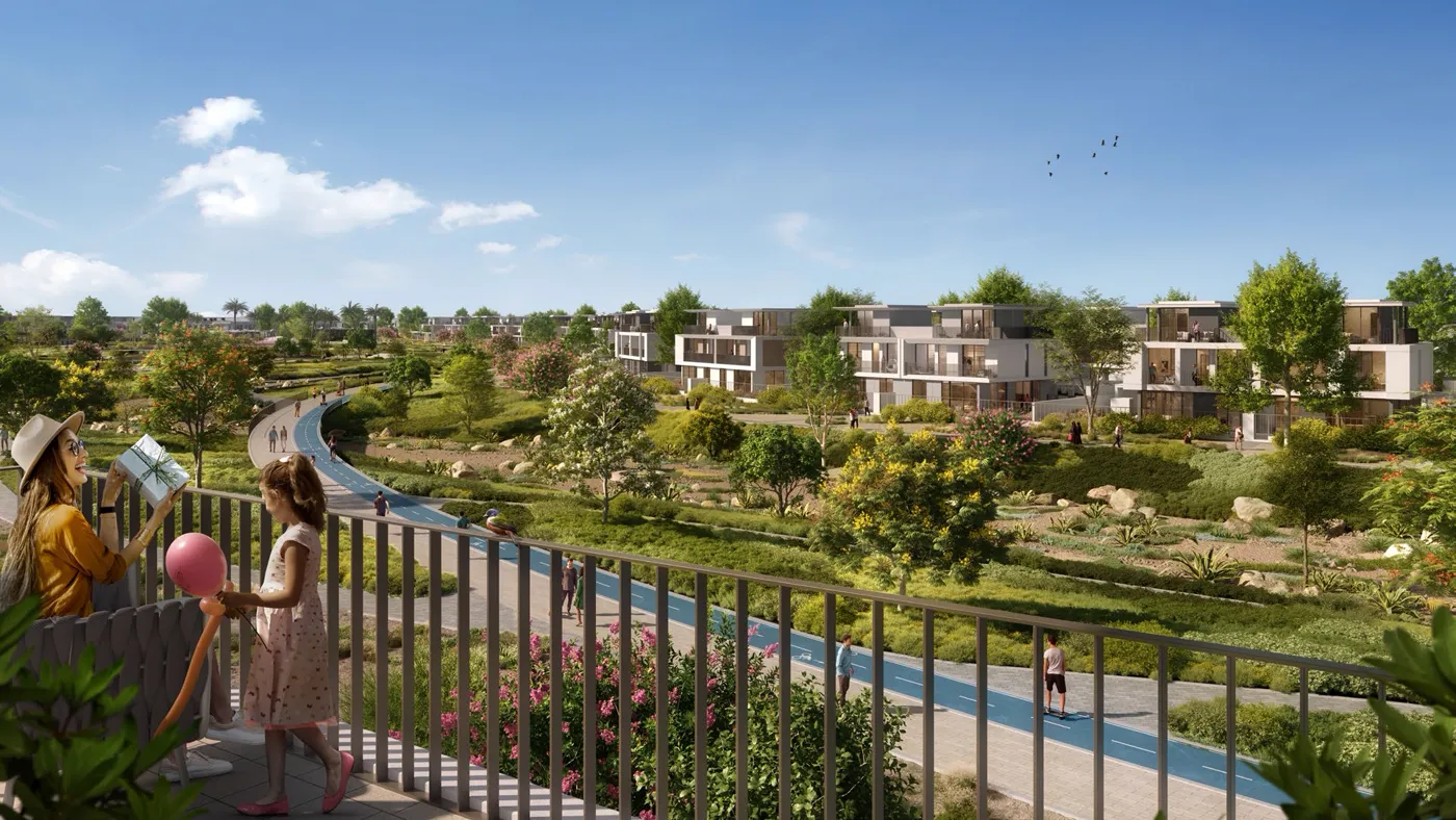 Virella 3 at The Valley — marketing still of townhouse rows facing a landscaped park and cycling path